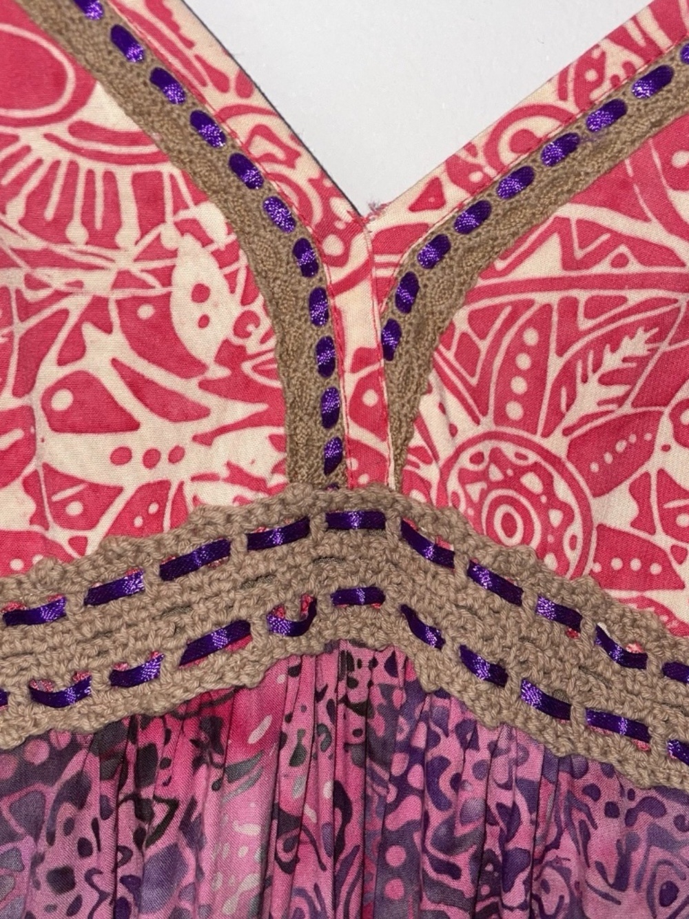 Santiki Sun Dress M Pink & Orange Batik Bohemian Floral Crochet Trim Smock Back - Picture 4 of 10